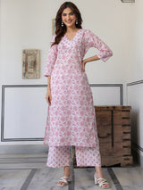 Women's Light Pink Pure Cotton Floral Printed Straight Kurta Pant Set