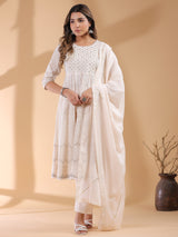 Women's Beige Pure Cotton Ethnic Motifs Printed Anarkali Kurta Set With Dupatta