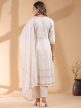 Women's Beige Pure Cotton Ethnic Motifs Printed Anarkali Kurta Set With Dupatta