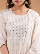 Women's Beige Pure Cotton Ethnic Motifs Printed Anarkali Kurta Set With Dupatta