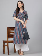 Women's Navy Blue Cotton Geometric Straight Kurta