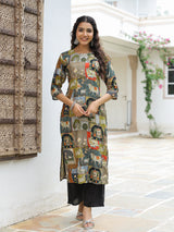 Women's Green Daily Printed Knee Length Three Quarter Sleeves Kurta