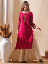 Women's Red Daily Calf Length Three Quarter Sleeves Kurta