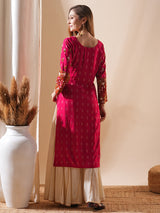 Women's Red Daily Calf Length Three Quarter Sleeves Kurta