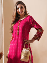 Women's Red Daily Calf Length Three Quarter Sleeves Kurta