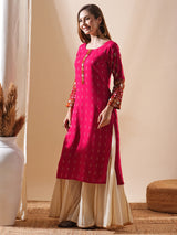 Women's Red Daily Calf Length Three Quarter Sleeves Kurta