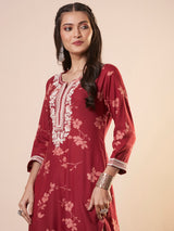 Women's Red Daily Calf Length Three Quarter Sleeves Kurta