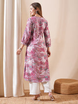 Women's Pink Daily Printed Calf Length Three Quarter Sleeves Kurta
