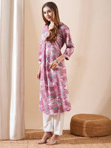 Women's Pink Daily Printed Calf Length Three Quarter Sleeves Kurta