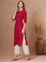 Women's Red Daily Embroidered Knee Length Three Quarter Sleeves Kurta