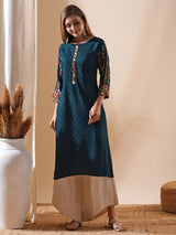 Women's Blue Daily Calf Length Three Quarter Sleeves Kurta