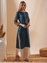 Women's Blue Daily Calf Length Three Quarter Sleeves Kurta