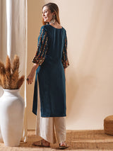 Women's Blue Daily Calf Length Three Quarter Sleeves Kurta