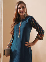 Women's Blue Daily Calf Length Three Quarter Sleeves Kurta