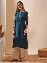Women's Blue Daily Calf Length Three Quarter Sleeves Kurta