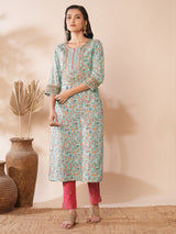 Women's Blue Daily Embroidered Knee Length Three Quarter Sleeves Kurta