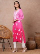 Women's Pink Daily Knee Length Three Quarter Sleeves Kurta