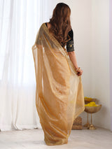 Women's Net Gold Embellished Designer Saree with Blouse Piece