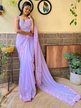 Women's Georgette Purple Embellished Designer Saree with Blouse Piece