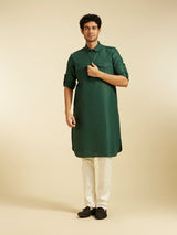 Men's Festive Bottle Green Pathani Style Kurta with Cuffed Sleeves