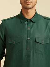 Men's Festive Bottle Green Pathani Style Kurta with Cuffed Sleeves