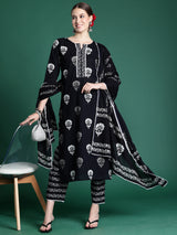 Women's Black Printed Straight Kurta Trouser with Dupatta Set
