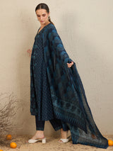 Women's Blue Printed A-Line Kurta Trouser with Dupatta Set