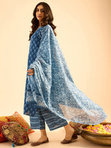 Women's Blue Printed Straight Kurta Palazzos with Dupatta Set