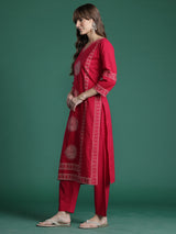 Women's Red Printed Straight Kurta Trouser with Dupatta Set