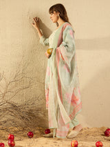 Women's Green Printed Straight Kurta Trouser with Dupatta Set