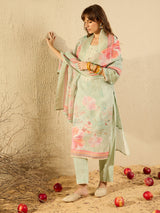 Women's Green Printed Straight Kurta Trouser with Dupatta Set