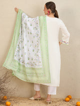 Women's White Embroidered Straight Kurta Trouser with Dupatta Set