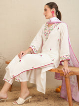 Women's White Embroidered Straight Kurta Trouser with Dupatta Set