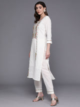Women's White Embroidered Straight Kurta Trouser with Dupatta Set