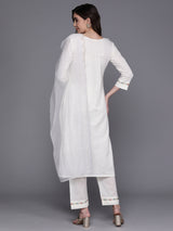 Women's White Embroidered Straight Kurta Trouser with Dupatta Set