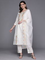 Women's White Embroidered Straight Kurta Trouser with Dupatta Set