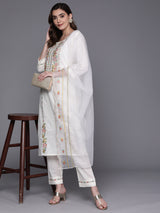 Women's White Embroidered Straight Kurta Trouser with Dupatta Set