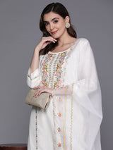 Women's White Embroidered Straight Kurta Trouser with Dupatta Set