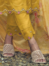 Women's Yellow Embroidered A-Line Kurta Trouser with Dupatta Set