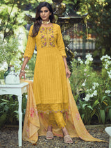 Women's Yellow Embroidered A-Line Kurta Trouser with Dupatta Set