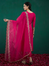 Women's Pink Embroidered Straight Kurta Trouser with Dupatta set