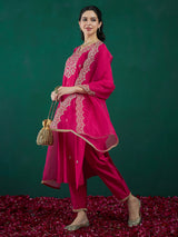 Women's Pink Embroidered Straight Kurta Trouser with Dupatta set