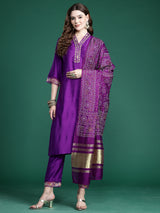 Women's Purple Straight Kurta Trouser with Dupatta Set