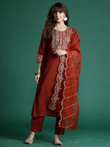 Women's Red Embroidered Straight Kurta Trouser with Dupatta Set