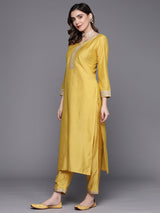 Women's Yellow Embroidered Straight Kurta Trouser with Dupatta Set