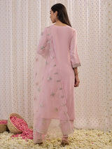 Women's Pink Embroidered Straight Kurta Trouser with Dupatta set