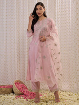 Women's Pink Embroidered Straight Kurta Trouser with Dupatta set