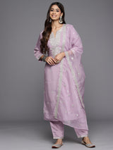 Women's Purple Embroidered Straight Kurta Trouser with Dupatta Set
