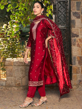 Women's Red Embroidered Straight Kurta Trouser with Dupatta set