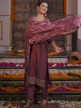 Women's Pink Embroidered Straight Kurta Trouser with Dupatta Set